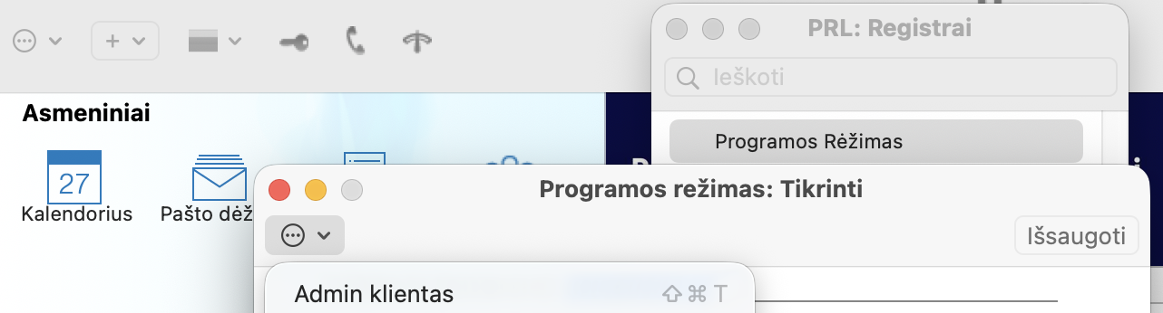 Registras Programos Rėžimas ir operacijų meniu su pasirinkimu Admin klientas
