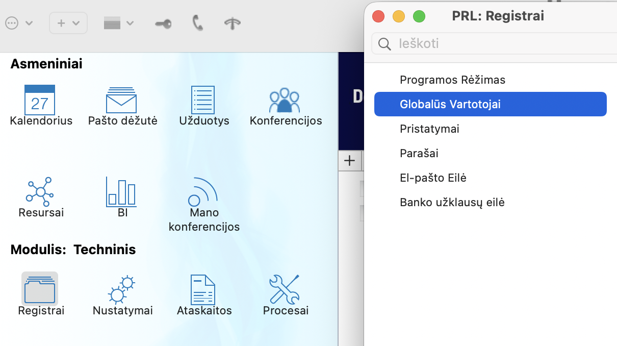 Modulis Techninis, registrų sąraše pažymėti Globalūs Vartotojai