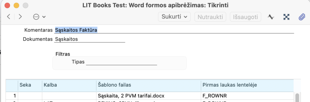 Kortelė „Word formos apibrėžimas". Laukai Komentaras ir Dokumentas, po jais sekcija Filtras ir matrica.