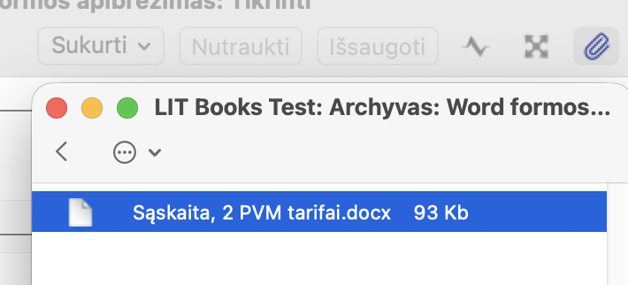 Priedai atidaromi sąvaržėlės piktograma. Archyvo lange matomas prisegtas .docx failas.