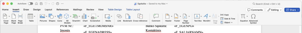 Word skirtukas Insert. Mygtukas Field yra dešinėje, kartu su Date & Time ir Object.