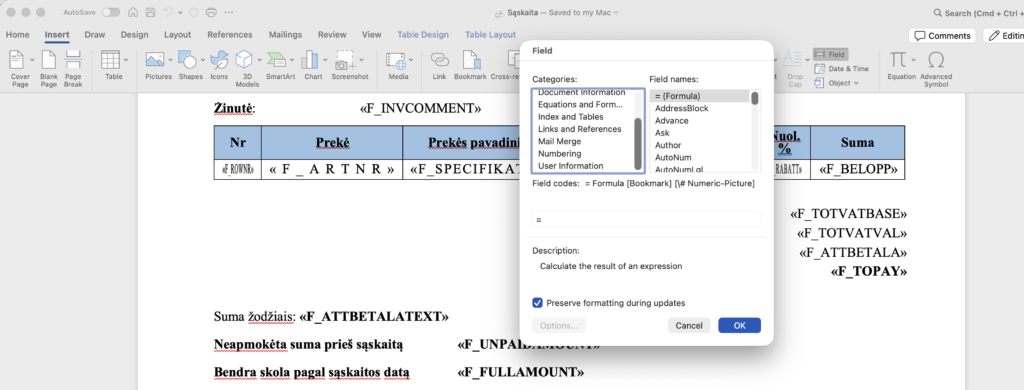 Field dialogas. Stulpelyje Categories pasirinkite Mail Merge, tada Field names — MergeField, o apačioje įrašykite lauko kodą.