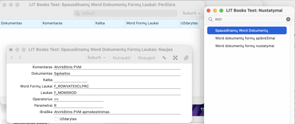 Užpildyta kortelė. Nustatymą rasite Sistema > Nustatymai, paieškos lauke įrašę „word" — tai pirmas sąrašo įrašas. Sąraše kortelės rodomos su stulpeliais Dokumentas, Komentaras, Kalba ir Word Formų Laukai.